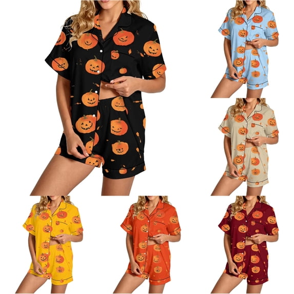 XIYON Halloween Pajamas Set for Women Pumpkin Print 2 Piece Sleepwear Short Sleeve Button Shirt and Shorts Set for Holiday Party