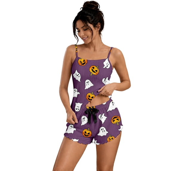 XIYON Halloween Pajamas Women Ghost Pumpkin Sleepwear 2 Piece Soft Tanks Top and Shorts Pajama Set Comfort Cozy Nightwear