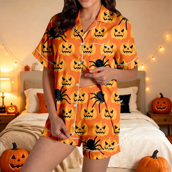 XIYON Halloween Pajamas Women Pumpkin Short Sleeve Sleepwear 2 Piece Button Down Top and Shorts Pajama Set Cozy Loungewear Fashion Clothes