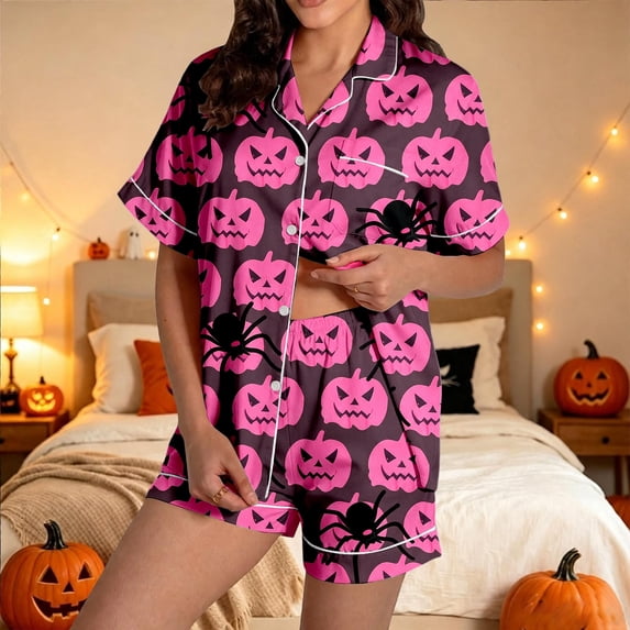 XIYON Halloween Pajamas Women Pumpkin Short Sleeve Sleepwear 2 Piece Button Down Top and Shorts Pajama Set Cozy Loungewear for Daily Wear