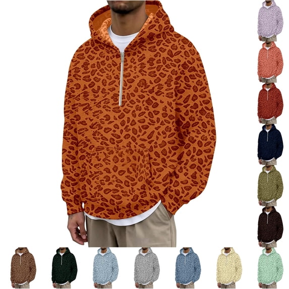XIYON Hoodies for Men Leopard Print Half Zip Hoodie Casual Long Sleeve Hooded Sweatshirt Classic Fall Winter