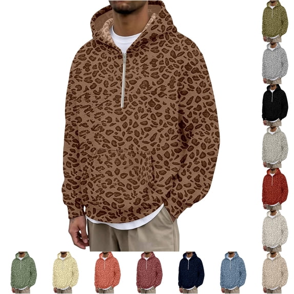 XIYON Hoodies for Men Leopard Print Half Zip Hoodie Casual Long Sleeve Hooded Sweatshirt for Everyday Wear Fall Winter