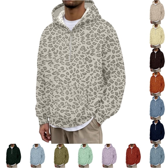 XIYON Hoodies for Men Leopard Print Half Zip Hoodie Casual Long Sleeve Hooded Sweatshirt for Fall Winter