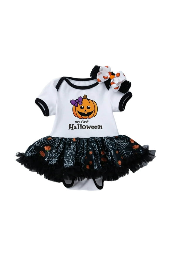 Jumpsuit For Girls Newborn Infant Baby Girls Print Spring Autumn Halloween Pumpkin Short Sleeve Romper Bodysuit Headbands Clothes 3-6 Months