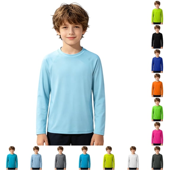 XIYON Kids Boys Tankini Top Summer Long Sleeve Round Neck Solid Color Upf 50+ Sun Comfortable Shirts Beach Tee For Water Activities,Light Blue1,9-10 Years