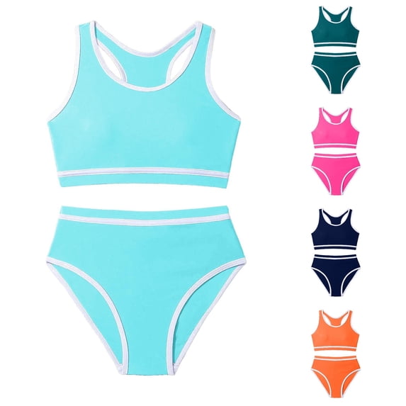 XIYON Kids Girls 2 Piece Swimsuit Sleeveless Round Neck Color Block Top And Bottoms Comfortable Fashion Swimwear For Beach And Pool,Mint Green,L