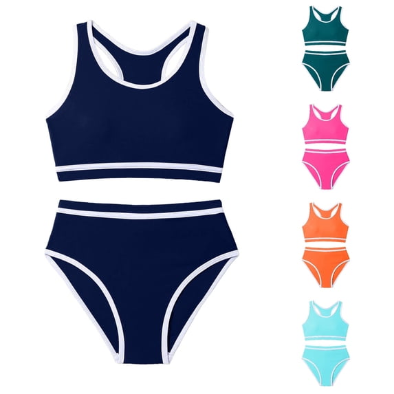 XIYON Kids Girls 2 Piece Swimsuit Sleeveless Round Neck Color Block Top And Bottoms Comfortable Fashion Swimwear For Beach And Pool,Navy,S
