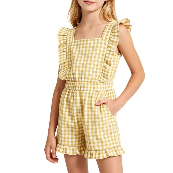 XIYON Kids Girls Summer Jumpsuit Sleeveless Square Neck Plaid Print Ruffle Trim Cute Fashion Romper With Pockets For Daily Wear,Light Yellow,7-8 Years