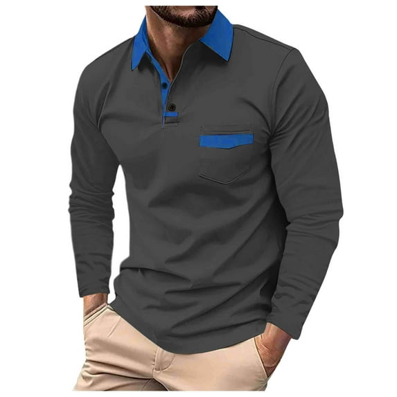 XIYON Long Sleeve Polo Shirts For Men Patchwork Lapel Shirt Casual Holiday Shirts Tops Classic Comfortable Mens Shirts
