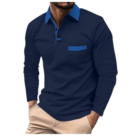 XIYON Men's Polo Shirt Men Long Sleeve Patchwork Lapel Shirt Casual Holiday Shirts Tops Classic Comfortable Golf Shirts For Men