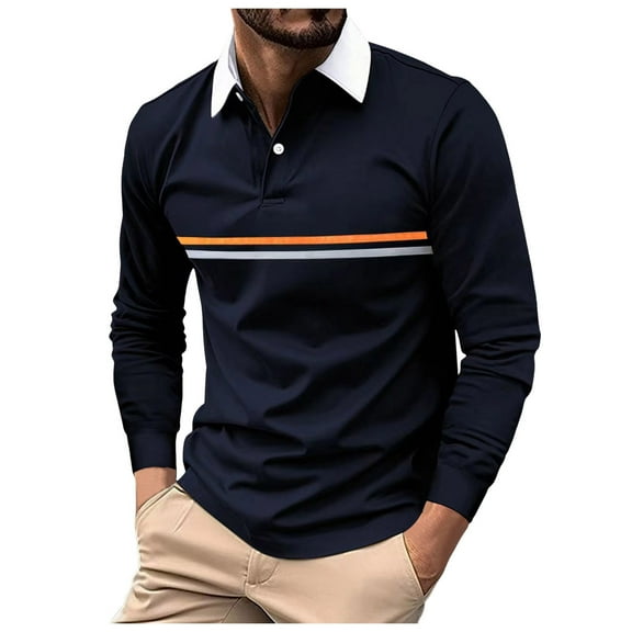 XIYON Men's Polo Shirt Men Long Sleeve Striped Lapel Shirt Summer Casual Holiday Shirts Tops Classic Comfortable Polo Shirts For Men