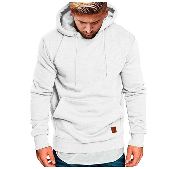 XIYON Mens Hoodies Men Solid Color Drawstring Hooded Pocket Leather Label Casual Hooded Sweatshirts Business Comfortable Loose Hooded Sweatshirts Streetwear