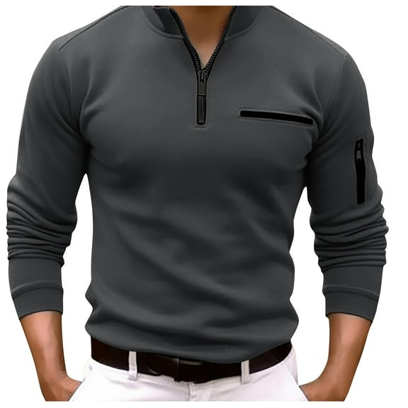 XIYON Mens Long Sleeve Polo Shirts Male Shirt Quarter Zip Work Daily Wear Fashion Comfortable Plain Pocket Regular Fit Top Classic Polo Shirts For Men