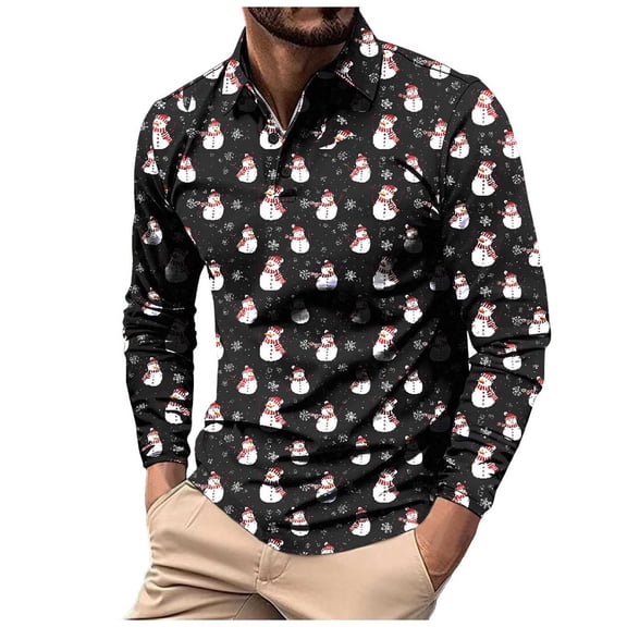 XIYON Mens Long Sleeve Polo Shirts Men's Lapel Shirt Casual Holiday Christmas Prints Shirts Tops Classic Comfortable Men's Shirts