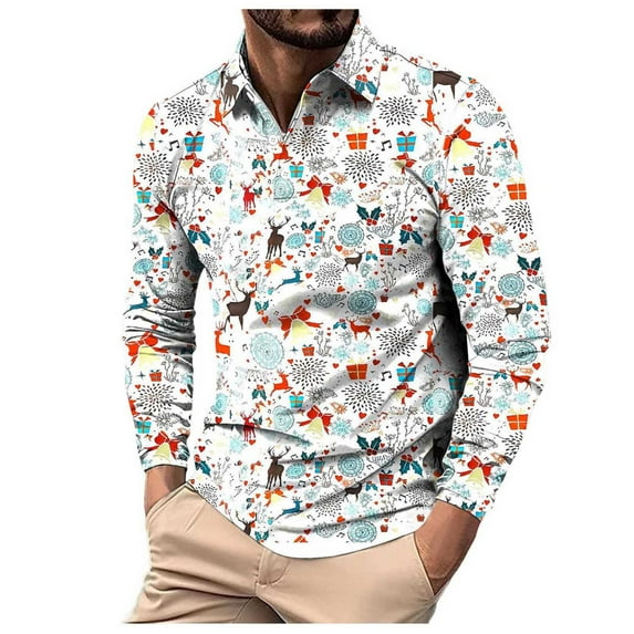 XIYON Mens Long Sleeve Polo Shirts Men's Lapel Shirt Casual Holiday Christmas Prints Shirts Tops Classic Comfortable Mens Shirts