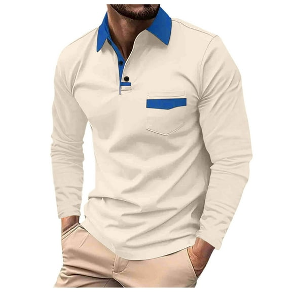 XIYON Mens Long Sleeve Polo Shirts Men's Patchwork Lapel Shirt Casual Holiday Shirts Tops Classic Comfortable Shirts For Men