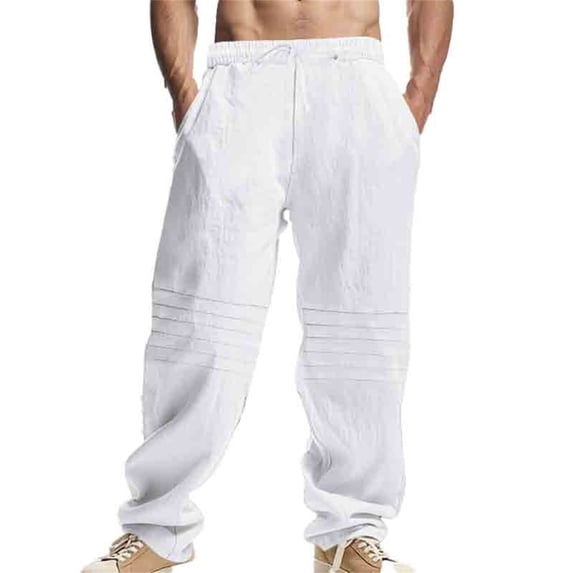 XIYON Mens Pants Men's Linen Casual Loose Pleated Breathable Straight Leg Trousers With Pockets Loose Streetwear