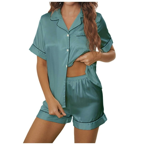 XIYON Pajama Set For Women Fashion Solid Color Lapel Short Sleeve Shorts Casual And Comfortable Home Wear Set Loungewear Sleepwear
