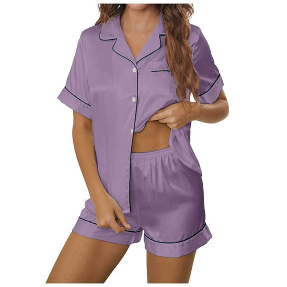 XIYON Pajama Set For Women Fashion Solid Color Lapel Short Sleeve Shorts Casual And Comfortable Home Wear Set Loungewear Sleepwear