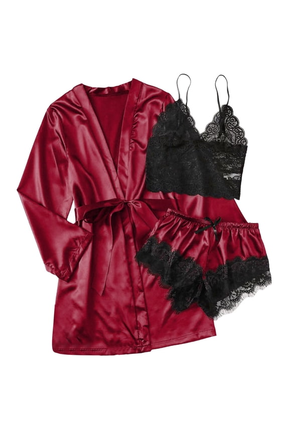 Pajama Sets For Women Silk Satin Pajamas Set 3 Piece Floral Lace Sleepwear With Robe Soft Sleepwear Loungewear