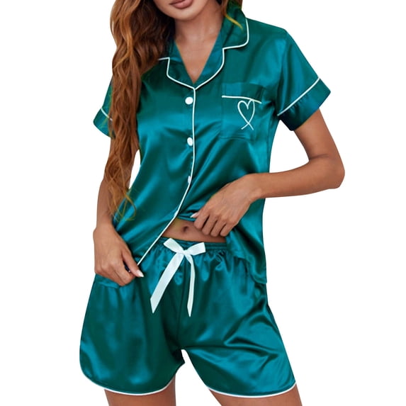 XIYON Pajama Sets For Women Solid Color Ice Silk Short Sleeve Cardigan Pajama Set Soft Comfy Nightwear Soft Sleepwear Loungewear