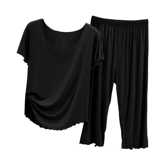 XIYON Pajama Sets For Women Summer Short Sleeve Top With Capri Pants Pajama Set Lightweight Casual Home Wear For Ladies Soft Sleepwear