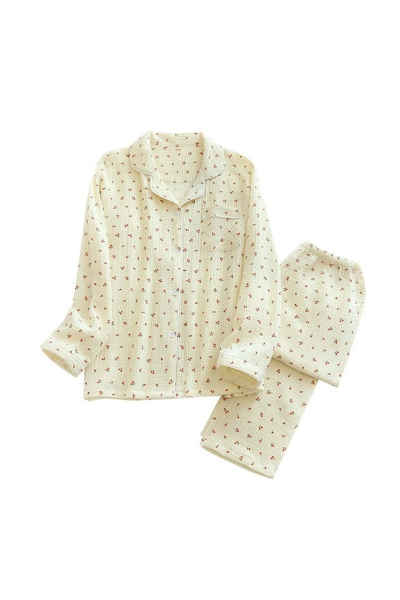 Pajama Sets For Women Little Cherry Double Crepe Pajamas Lapel Long Sleeves Long Pants Home Clothes Set Soft Comfy Sleepwear Nightwear Comfortable