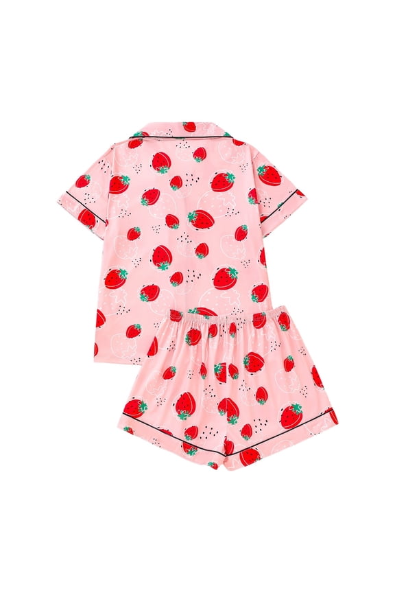 Pajamas For Women Strawberry Print Pajama Set Lapel Short Sleeve Button Front Shirt Shorts Loungewear Loungewear