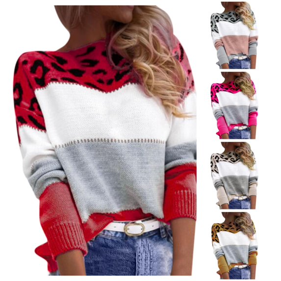 XIYON Sweaters for Women Fashion Leopard Print Sweater Ladies Fall Winter Color Block Long Sleeve Pullover Top Loose Casual