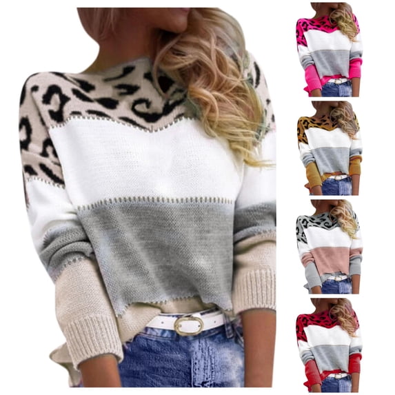 XIYON Sweaters for Women Fashion Leopard Print Sweater Ladies Fall Winter Color Block Long Sleeve Pullover Top Loose Casual