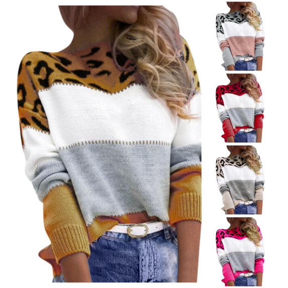 XIYON Sweaters for Women Fashion Leopard Print Sweater Ladies Fall Winter Color Block Long Sleeve Pullover Top Loose Casual