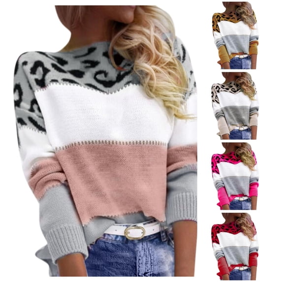 XIYON Sweaters for Women Fashion Leopard Print Sweater Ladies Fall Winter Color Block Long Sleeve Pullover Top Loose Casual