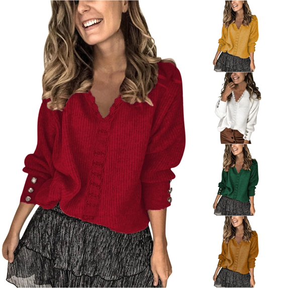 XIYON Sweaters for Women Lace V Neck Sweater Elegant Long Sleeve Solid Color Pullover Tops Fall Fashion Outfits