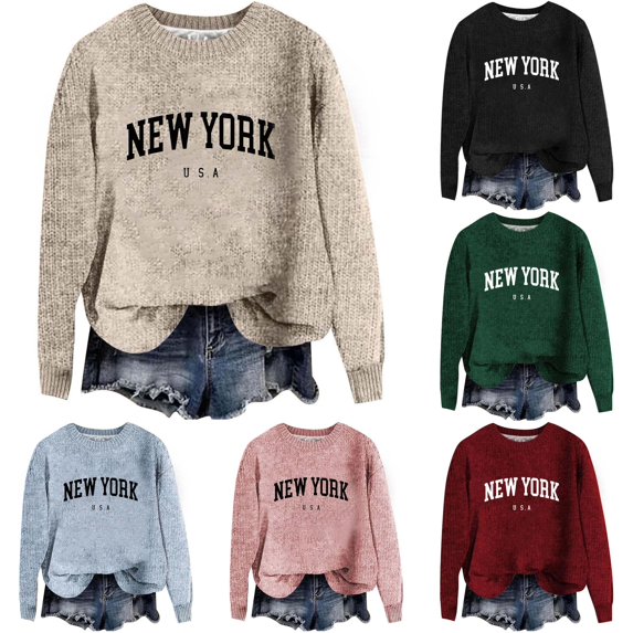 XIYON Sweaters for Women Letter Print Crewneck Pullover Sweaters Ladies Casual Long Sleeve Pullover Tops 2026 Fall Outfits