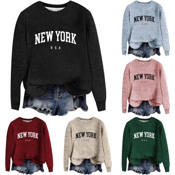 XIYON Sweaters for Women Letter Print Crewneck Pullover Sweaters Ladies Casual Long Sleeve Pullover Tops 2026 Fall Outfits