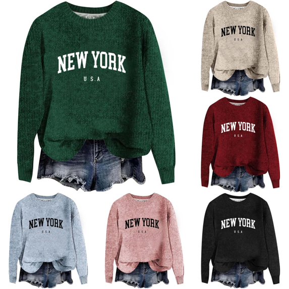 XIYON Sweaters for Women Letter Print Crewneck Pullover Sweaters Ladies Casual Long Sleeve Pullover Tops 2026 Fall Outfits