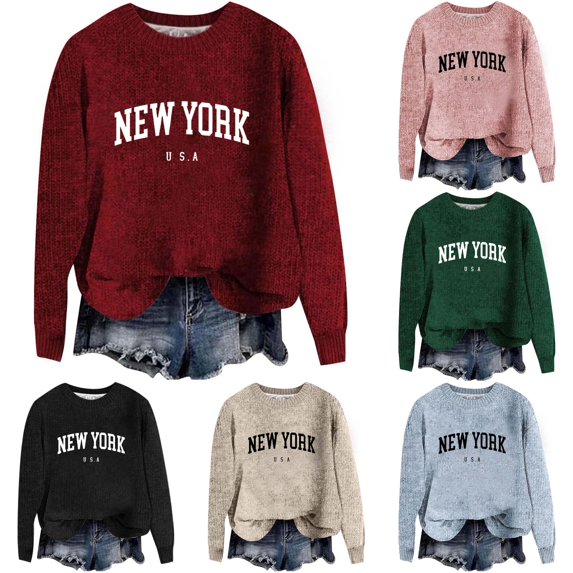XIYON Sweaters for Women Letter Print Crewneck Pullover Sweaters Ladies Casual Long Sleeve Pullover Tops 2026 Fall Outfits
