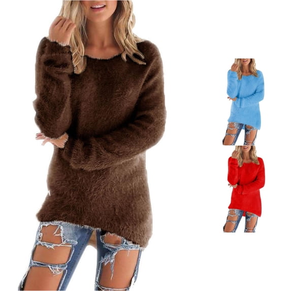 XIYON Sweaters for Women Loose Fuzzy Sweater Lightweight Soft Long Sleeve Crewneck Pullovers Sweater