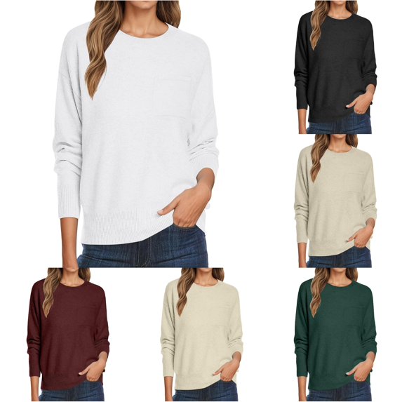 XIYON Sweaters for Women Oversized Sweaters Casual Crewneck Long Sleeve Knit Pullover Top Lightweight Cozy Sweater with Pocket