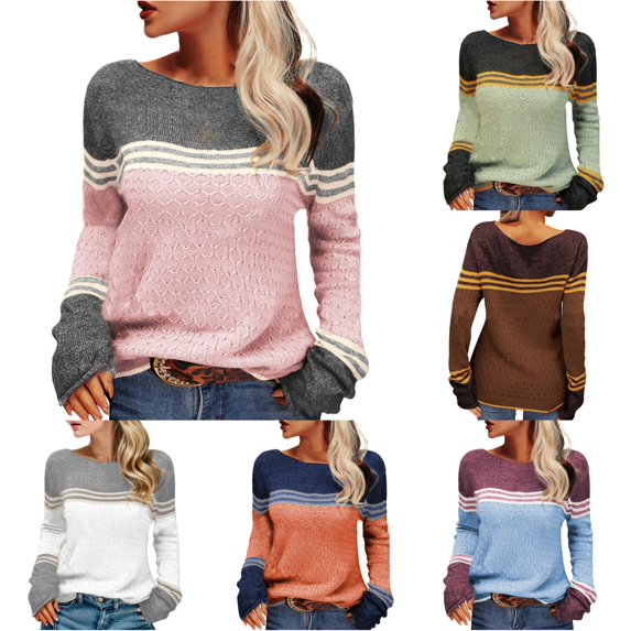 XIYON Sweaters for Women Striped Color Block Knit Sweater Elegant Fall Winter Long Sleeve Crewneck Top for Office Wear
