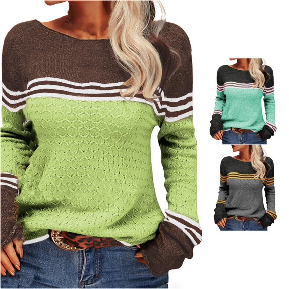 XIYON Sweaters for Women Striped Color Block Knit Sweater Elegant Fall Winter Long Sleeve Crewneck Top for Office Wear