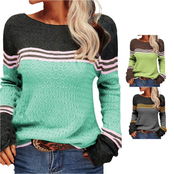 XIYON Sweaters for Women Striped Color Block Knit Sweater Elegant Fall Winter Long Sleeve Crewneck Top for Office Wear