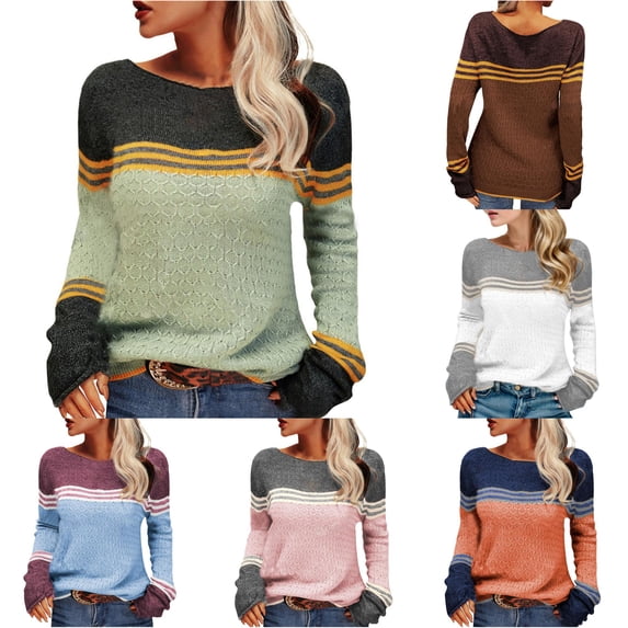 XIYON Sweaters for Women Striped Color Block Knit Sweater Elegant Fall Winter Long Sleeve Crewneck Top for Office Wear