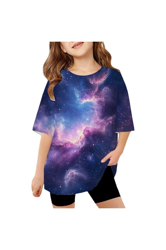 T-Shirts For Girls Kids Boys Girl Galaxy Print Short Sleeve T Shirt Loose Fit Casual Graphic Tee For Children Youth Comfortable Top Girls Tops Clothes 6-7 Years