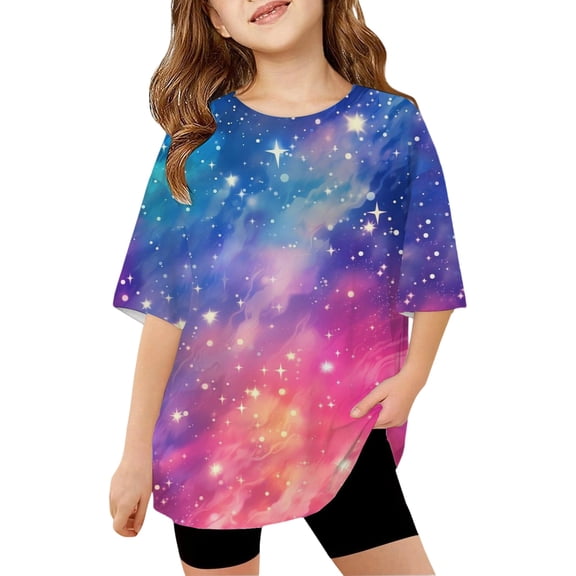 XIYON T-Shirts For Girls Kids Boys Girl Starry Sky Print Short Sleeve T Shirt Loose Fit Casual Tee Top Comfortable Blend Soft Fabric Classic Summer Tops 8-9 Years