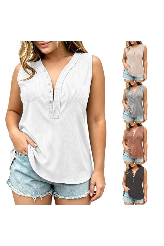 Tank Tops For Women Elegant Solid Color Sleeveless Button Front Pocket Tank Top For Lightweight Casual Surplice Design Trendy Clothes