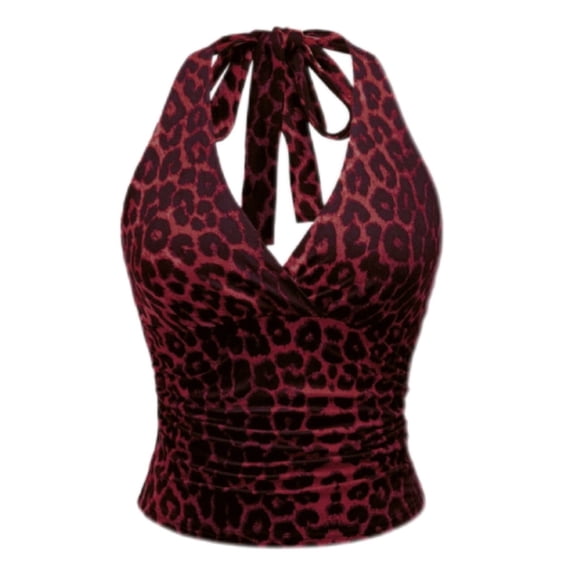 XIYON Tank Tops For Women Leopard Print Backless Fashion Halter Top Spaghetti Strap Sleeveless Summer Camisole Slim Fit Going Out Tops