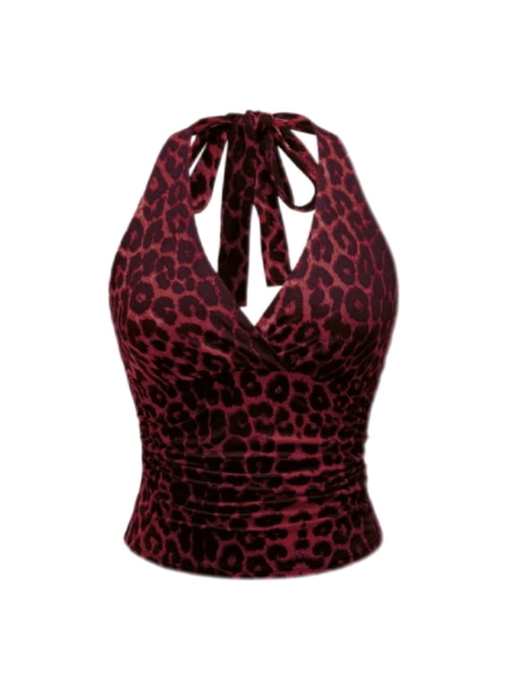 Tank Tops For Women Leopard Print Backless Fashion Halter Top Spaghetti Strap Sleeveless Summer Camisole Slim Fit Vacation Beach Outfits Trendy