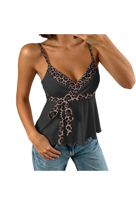Tank Tops For Women Leopard Print Color Block Fitted Camisole With Waist Cinching Design Ruffle Tie Front Sleeveless Workout Tops