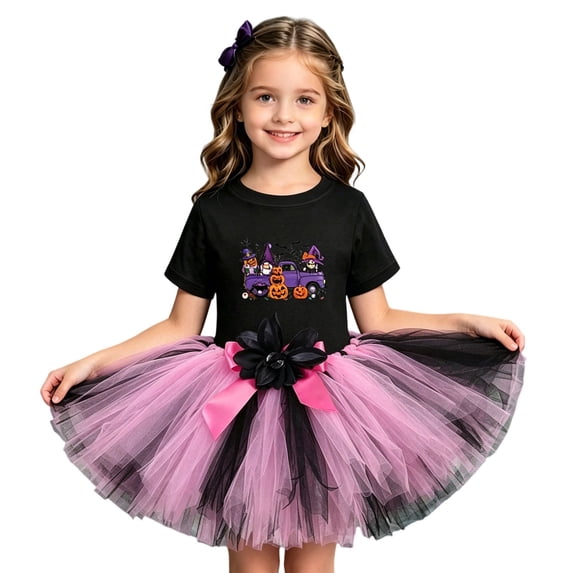 XIYON Toddler Girl Clothes Halloween Cute Short Sleeve Top And Skirt Outfit Set For Dress Up And Parties 3 -4 Years